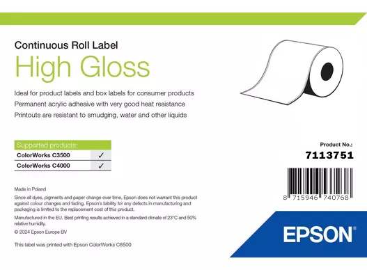 HIGH GLOSS LABEL CONTINUOUS ROLL 76MM X 33M