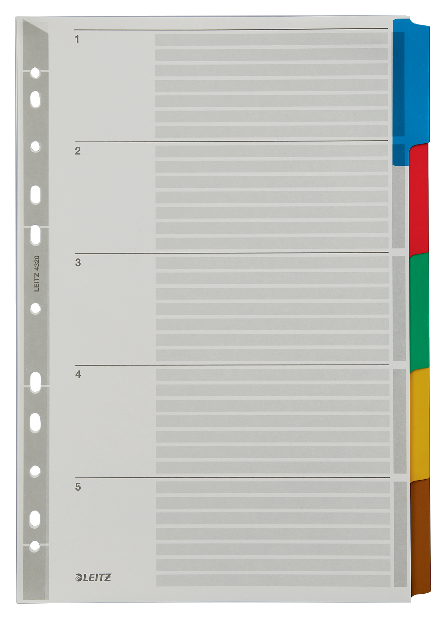 LEITZ Ordnerregister DIN A4 Vollformat blanko farbig 5-teilig, 1 Satz