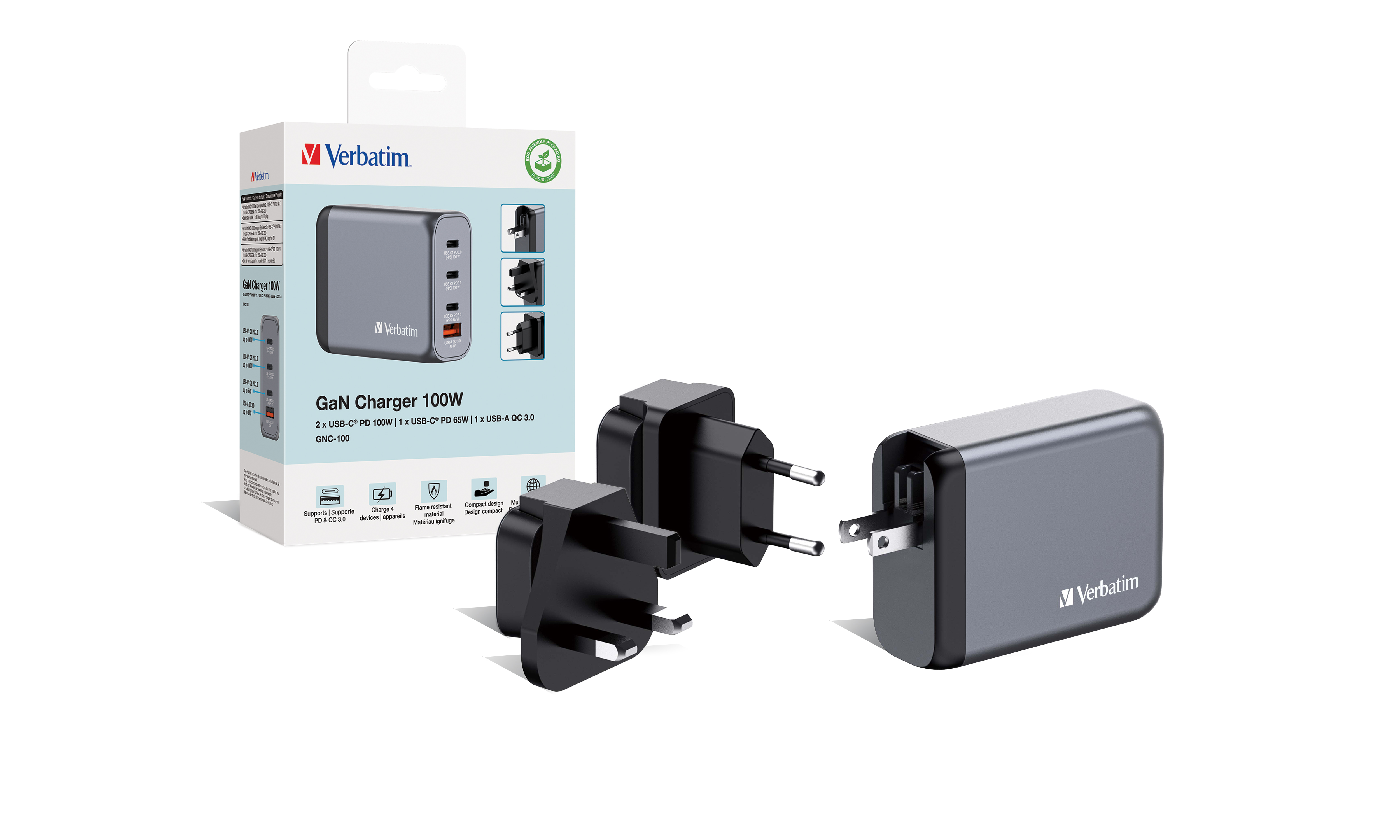 Verbatim GNC-100 GaN Charg. 100W 3xUSB-C PD, 1xUSB-A QC 3.0 32202
