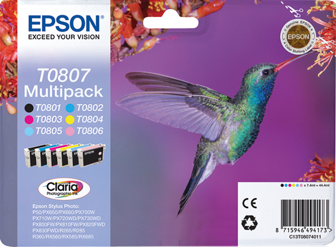 EPSON T0807 (Kolibri) schwarz, cyan, magenta, gelb, light cyan, light magenta Druckerpatronen, 6er-Set