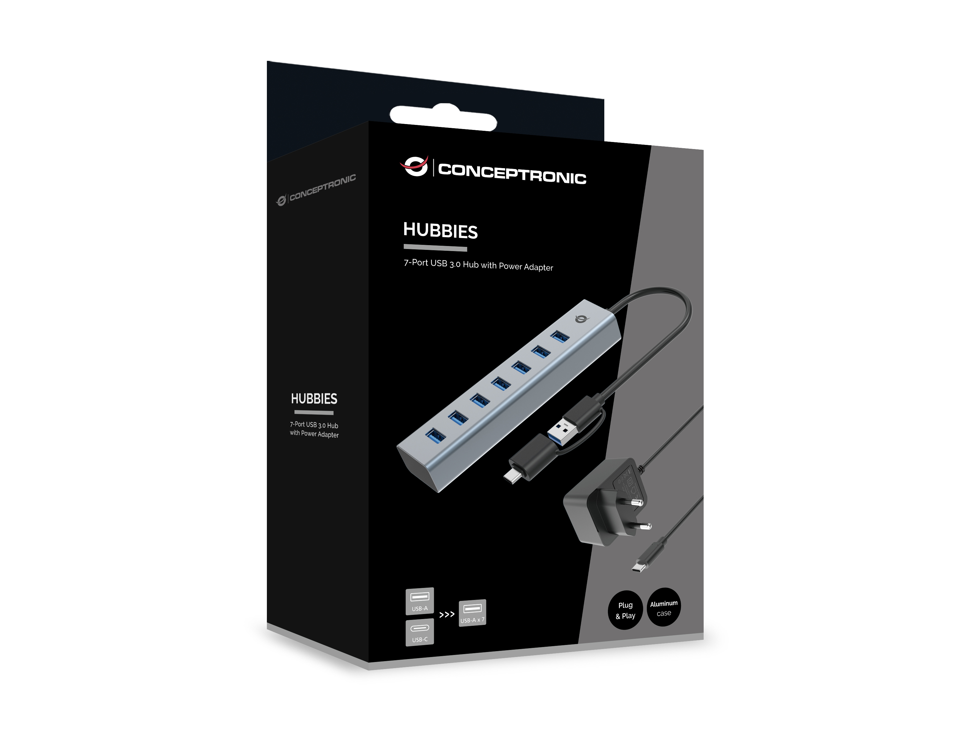 CONCEPTRONIC 7-Port Hub USB-A3.0/-C Adap.->7xA3.0 m.Netz. gr