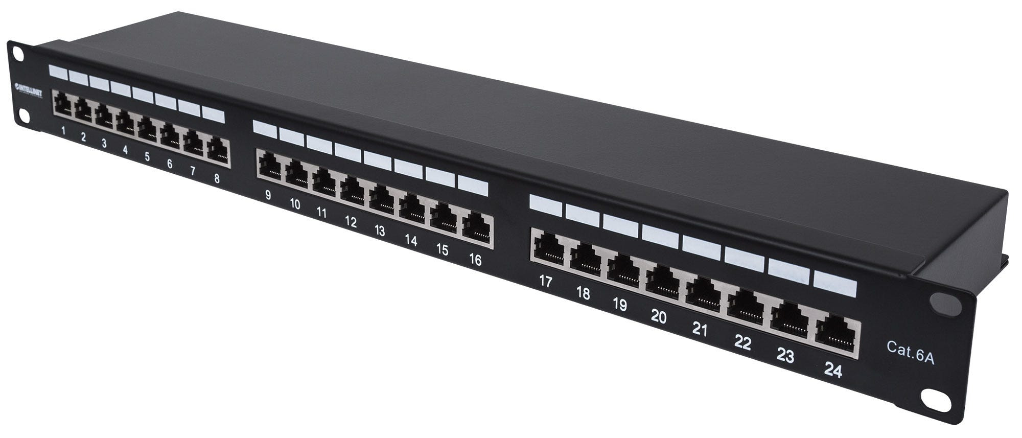 INTELLINET 24-Port Cat6a Patchpanel geschirmt 24 Ports FTP 1 HE Klemmleisten mit 90 Grad abgewinkelten Kabeleinfuehrungen schwarz
