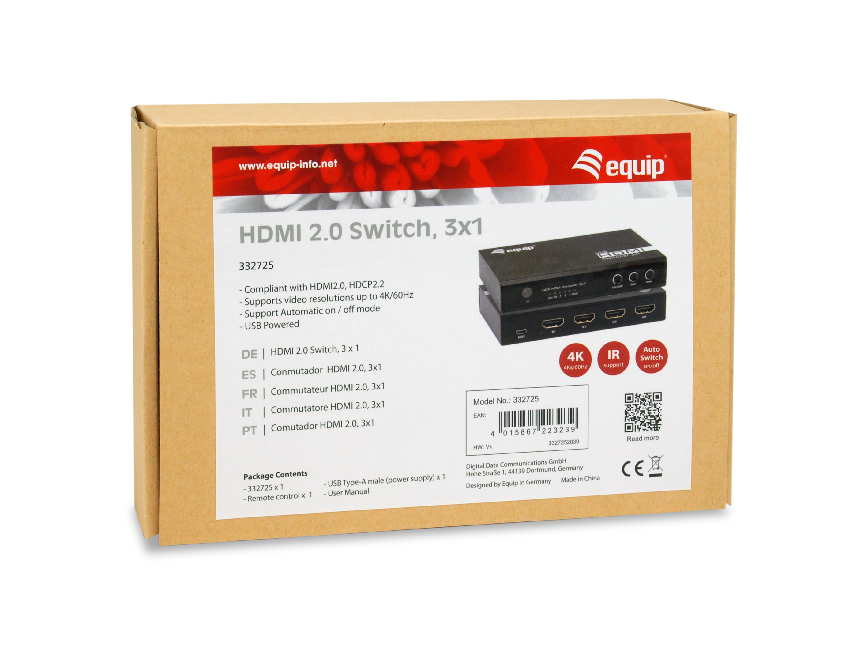 Equip Switch HDMI2.0 3-In/1-Out +Fernbed. 4K/60Hz 18Gbps