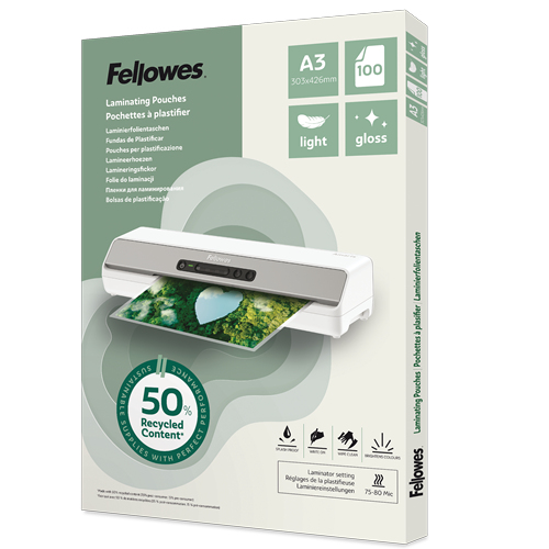 Fellowes Laminierfolien mit 50% recyceltem Anteil glänzend für A3 75-80 micron, 100 St.