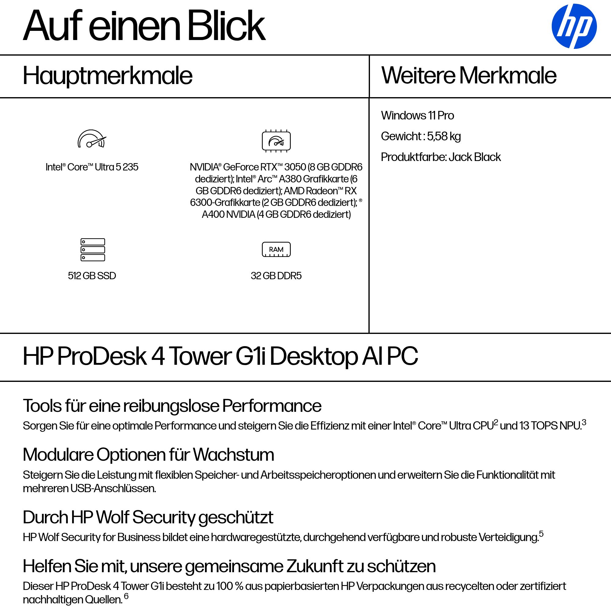 HP ProDesk 4 Tower G1i Intel Core Ultra 5 235 32GB 512GB/SSD W11P 1J Gar (DE)