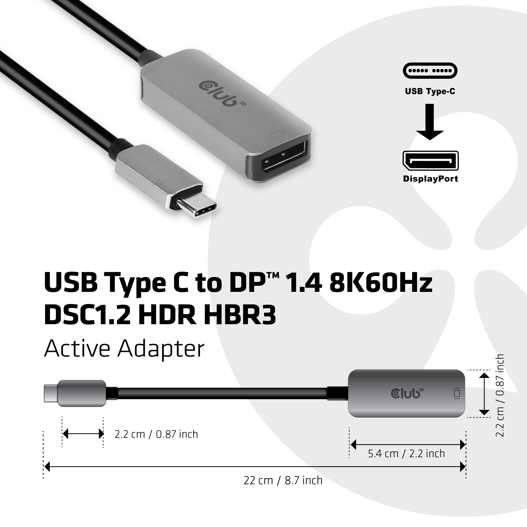 Club3D Adapter USB 3.2 Typ C > DP 1.4 8K60Hz HDR aktiv St/Bu retail