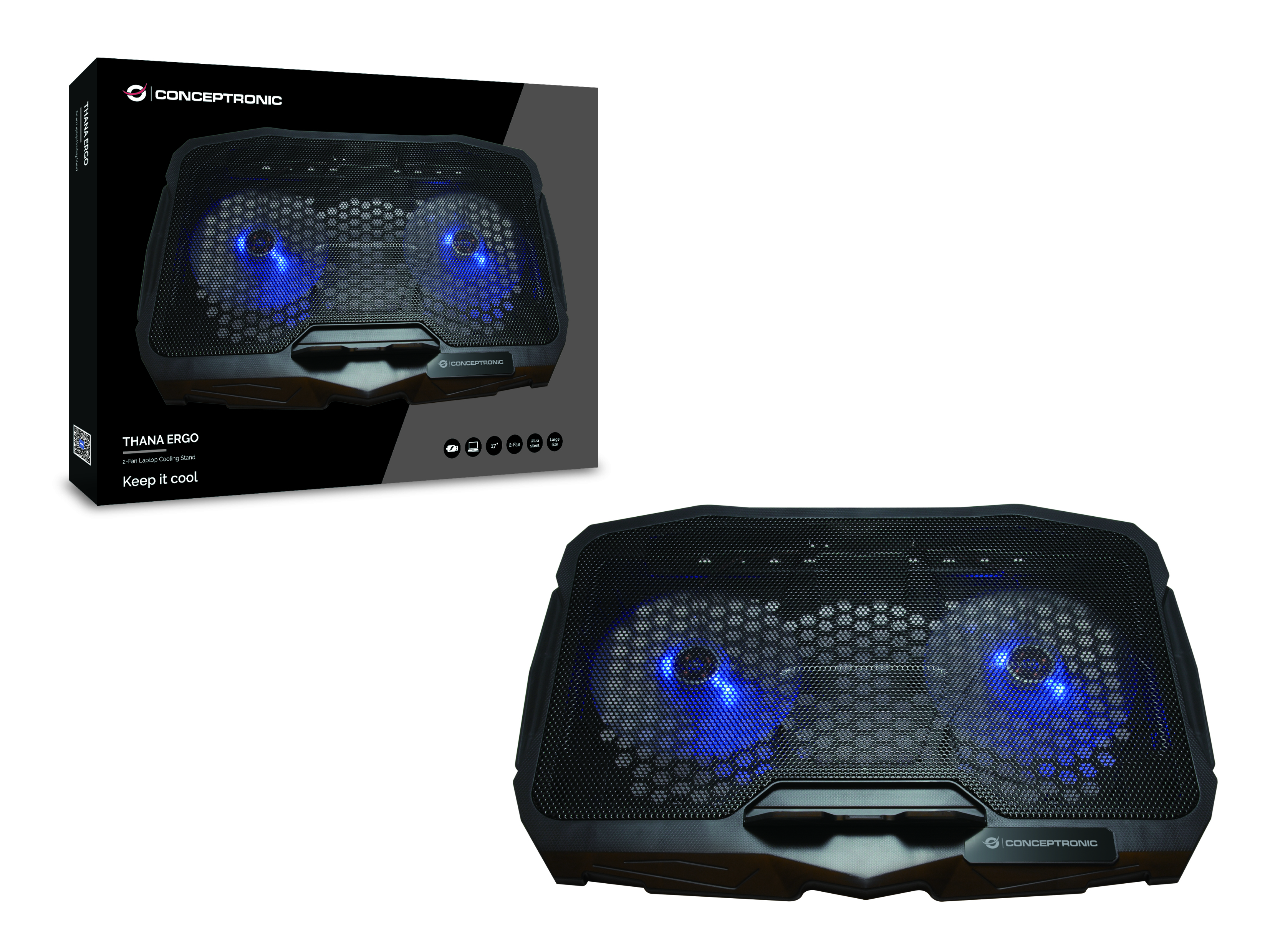 CONCEPTRONIC 2-Fan USB-A2.0 Laptop-Kühlpad 7Kg ERGO 17 sw