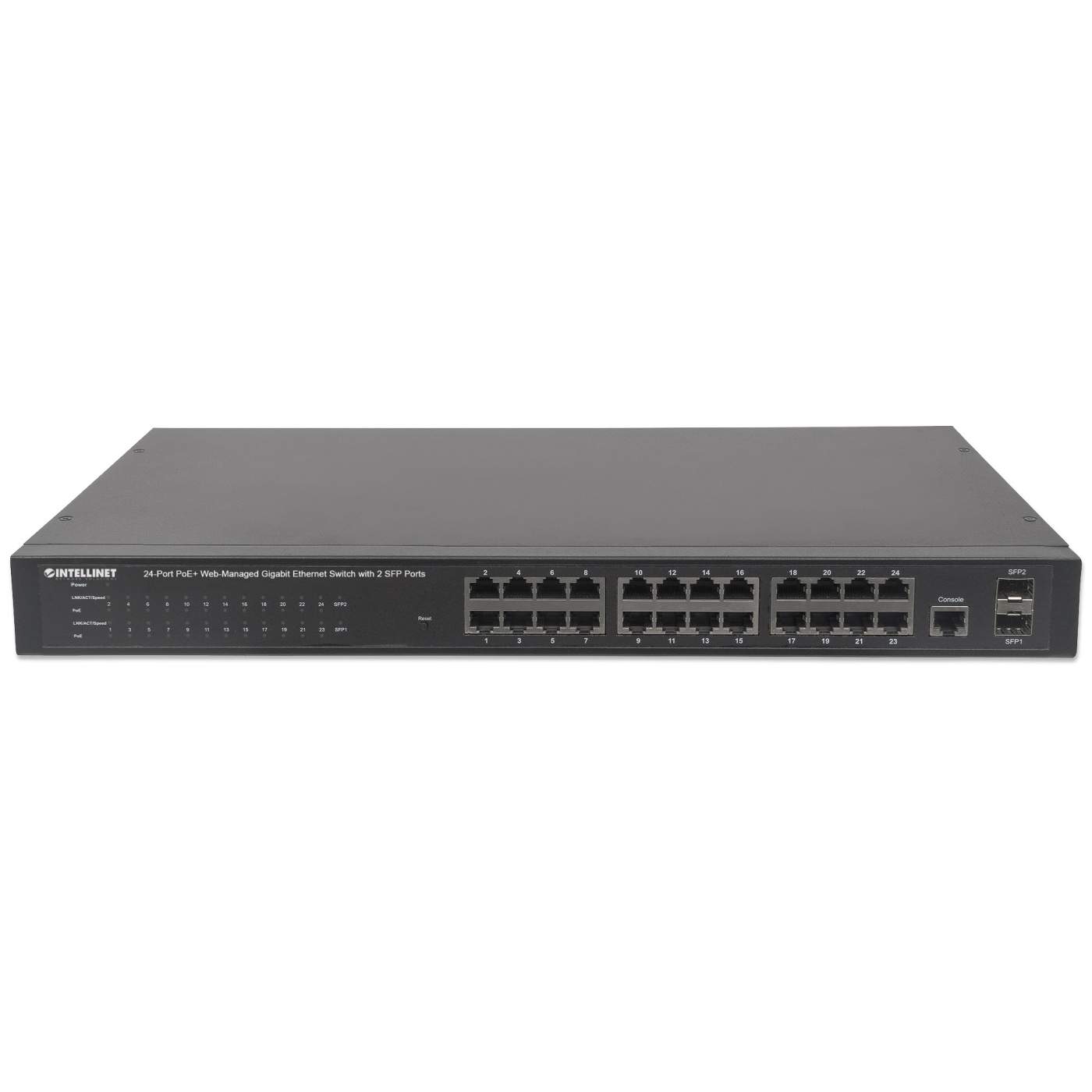 INTELLINET 24-Port PoE Gigabit Switch Web-Managed 2 GBIC SFP Ports Ausgangsleistung bis zu 30 Watt pro Port PoE+ IEEE 802.3at/af