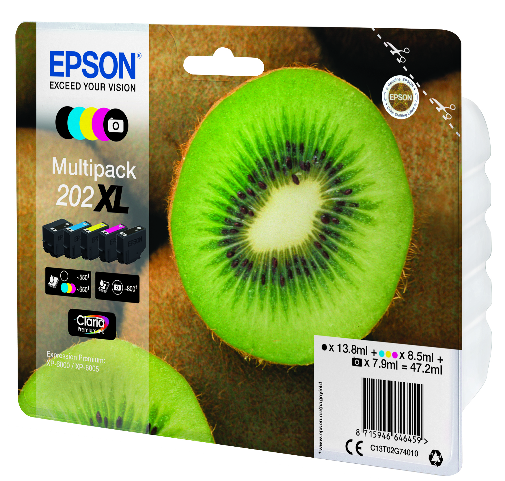 EPSON 202XL/T02G74 (Kiwi) schwarz, Foto schwarz, cyan, magenta, gelb Druckerpatronen, 5er-Set