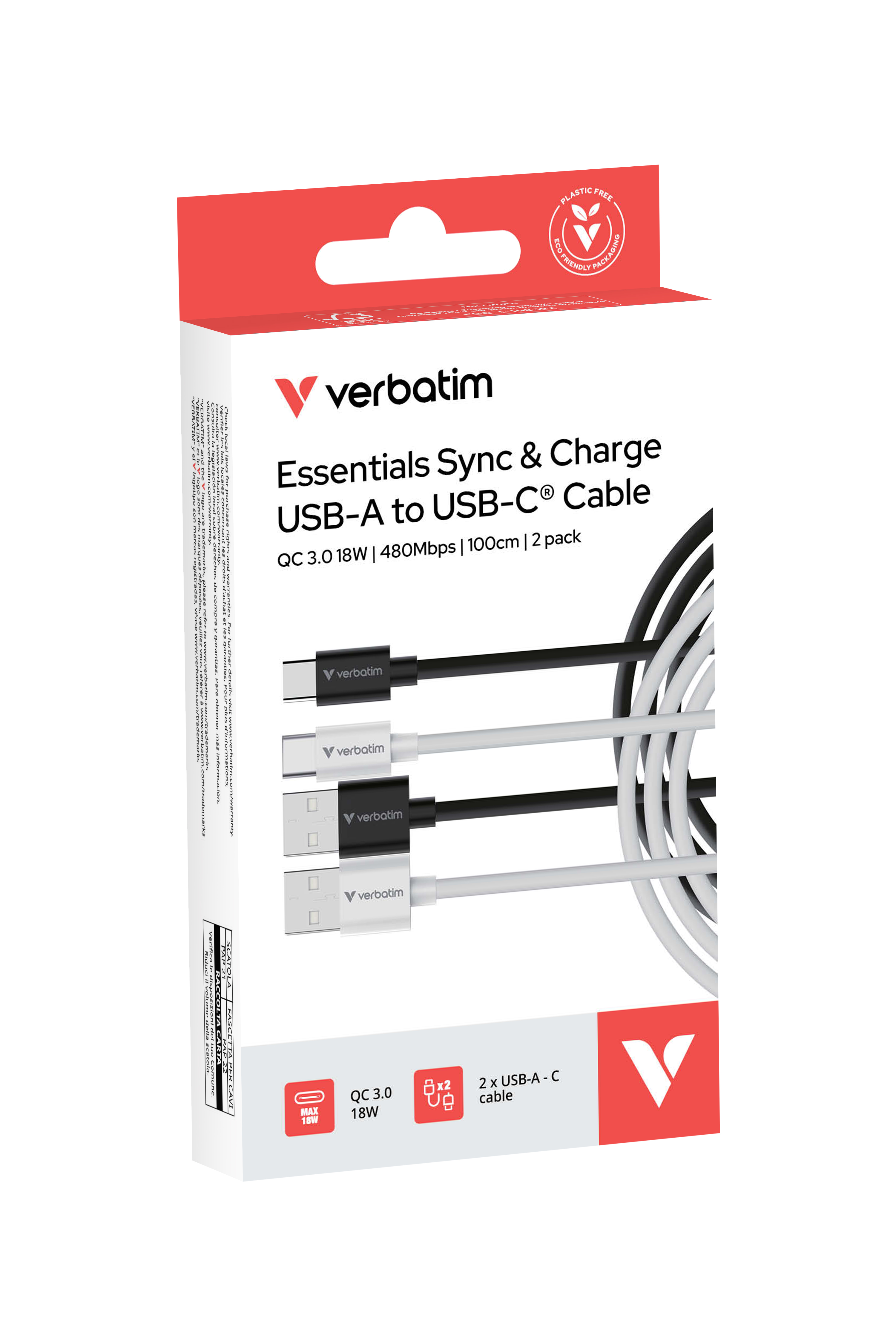 Verbatim Sync & Charge USB-A to USB-C 18W 100cm - 2 Pack