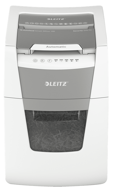 LEITZ IQ Autofeed Small Office 100 Aktenvernichter mit Partikelschnitt P-4, 4 x 28 mm, bis 100 Blatt, weiß