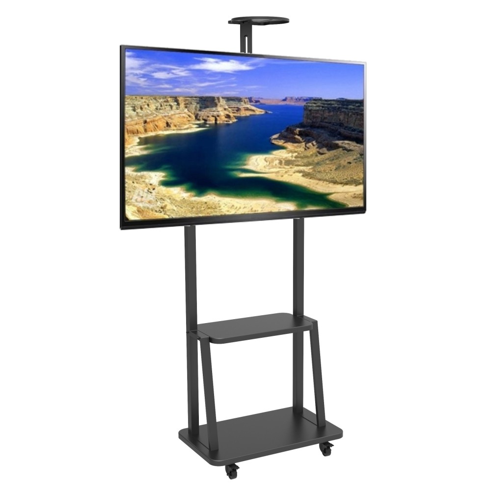 TECHLY Boden TV Halter fuer 32-70Zoll Fernseher Schwarz Hoehenverstallbarer Rollwagen mit 2 Ablagen Traglast max. 60Kg