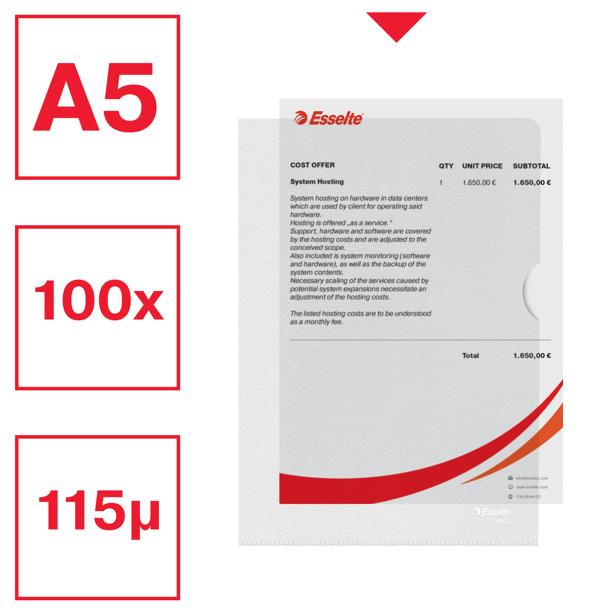 Esselte Sichthüllen Standard Plus 54850 DIN A5 transparent genarbt 0,12 mm, 100 St.
