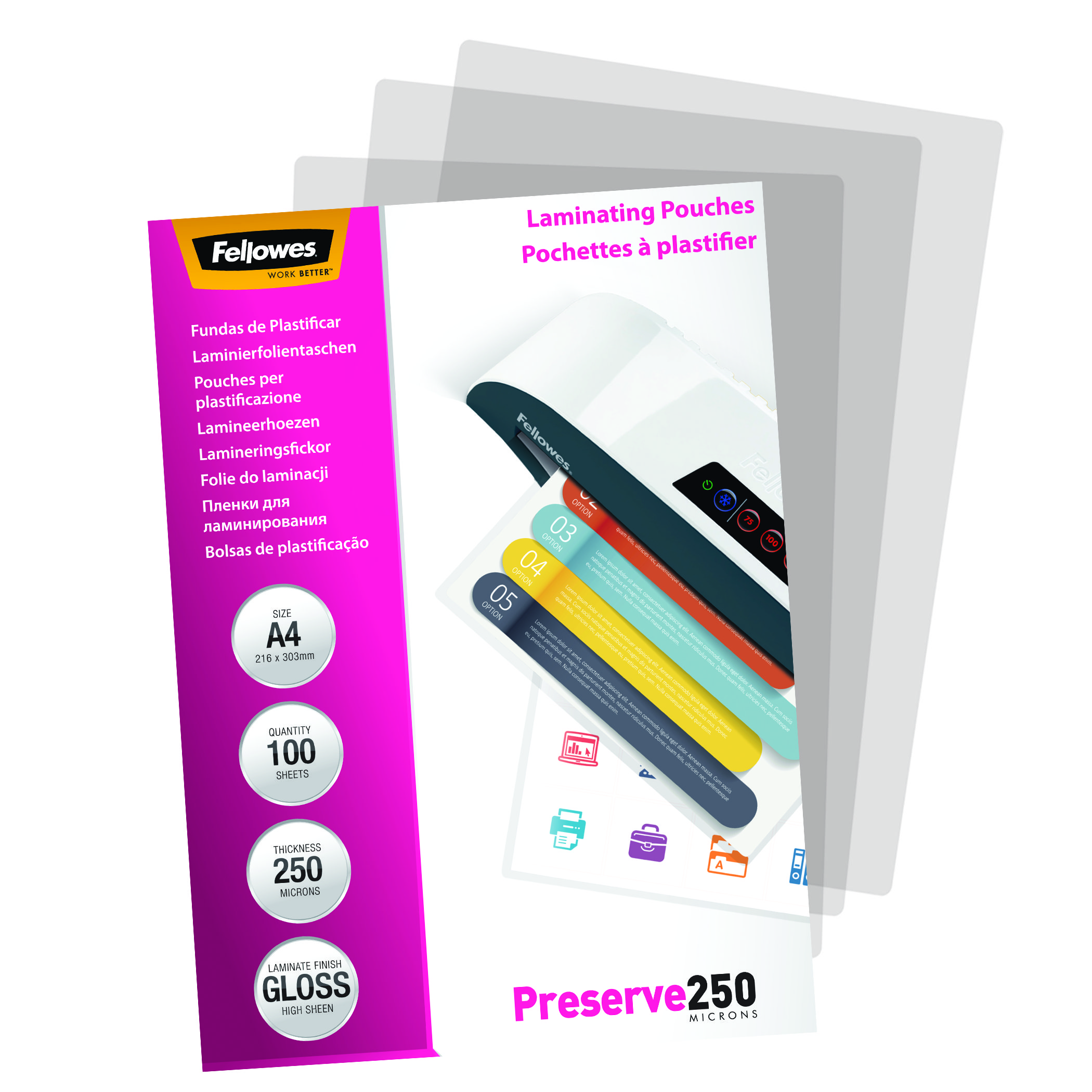 Fellowes Laminierfolien Preserve250 glänzend für A4 250 micron, 100 St.