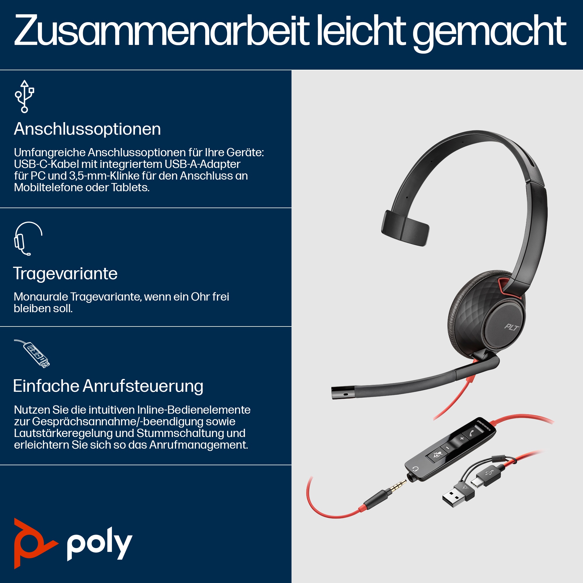 Poly Headet Blackwire 5210 USB-C mit 3,5mm Klinken Anschluss und USB C/A Adapter
