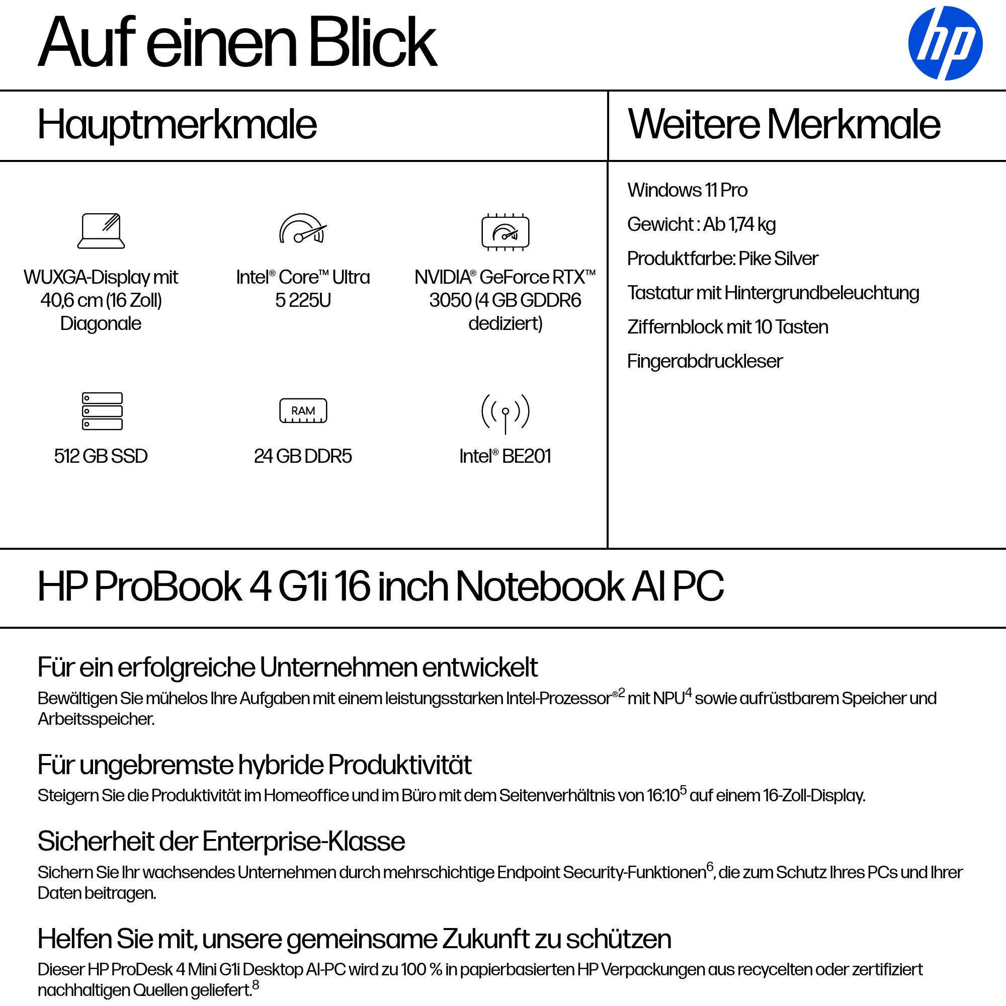 HP ProBook 4 G1i 16 Intel Core Ultra 5 225U 40,64cm 16Zoll WUXGA 24GB 512GB/SSD W11P SmartBuy 1J Gar (DE)