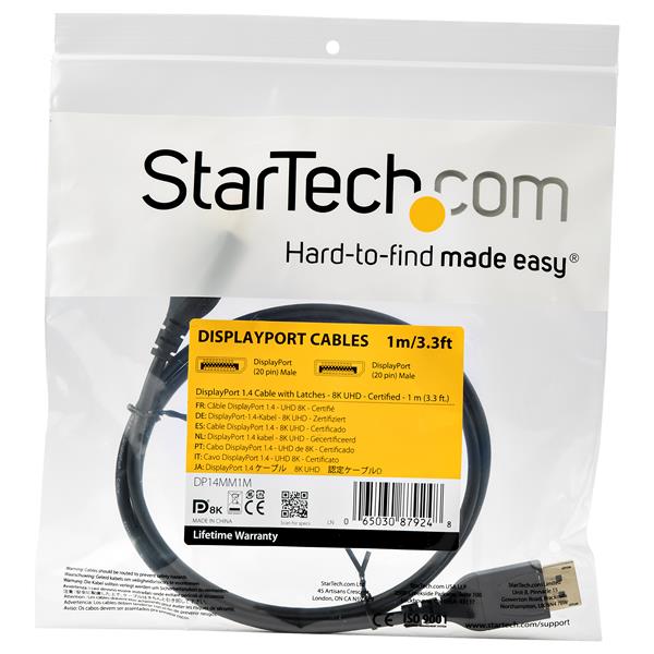 STARTECH.COM DisplayPort 1.4 Cable - 3.3 ft / 1m - VESA Certified - 8K60Hz - HBR3 - HDR - DP to DP Mon Cable - 8K DisplayPort Cable
