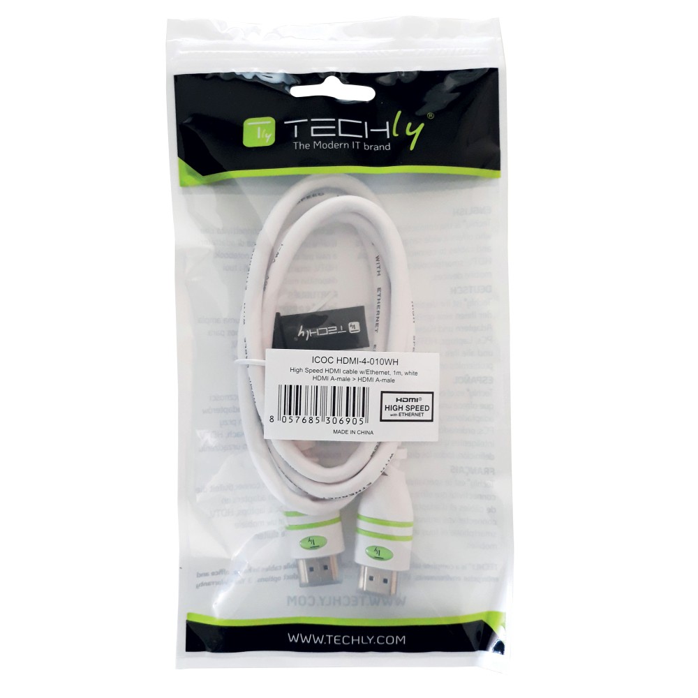 Techly HDMI High Speed mit Ethernet Kabel A/A/M/M 1m weiß