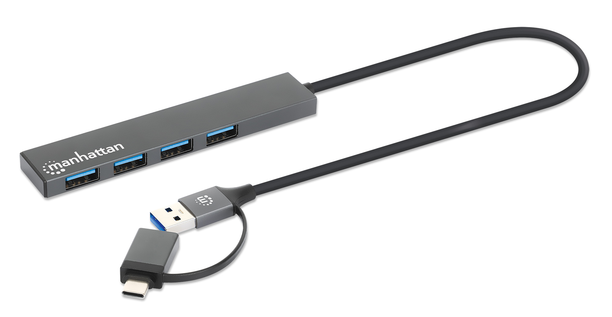 MANHATTAN 4-Port USB 3.0 Typ-C/-A Hub USB-C und USB-A-Stecker auf 4x USB-A-Buchsen 5 Gbit/s USB 3.2 Gen 1 Strom über USB Space Grau