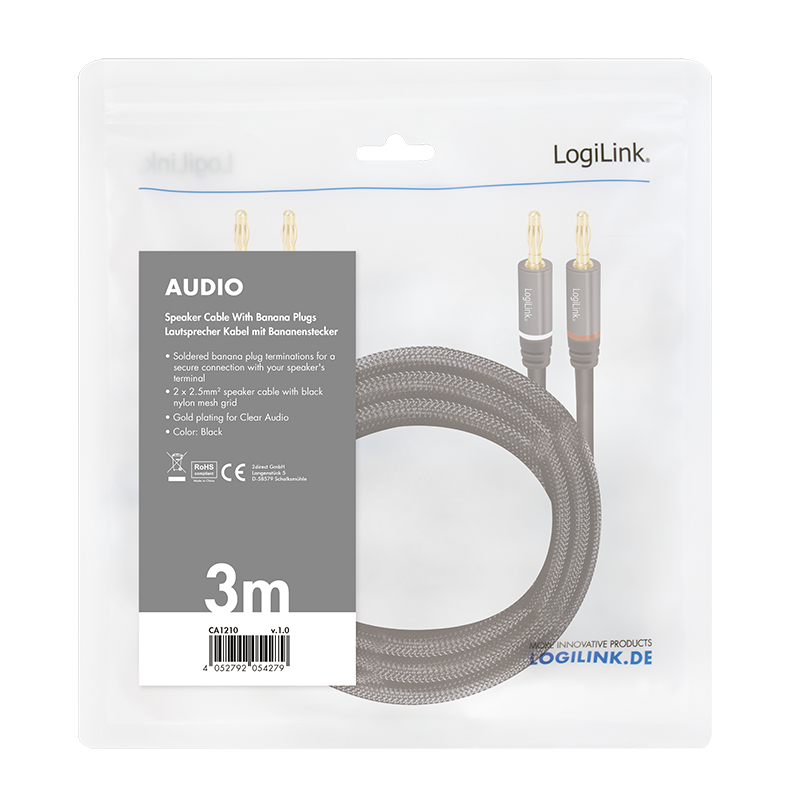 Logilink Lautsprecherkabel, 2x2.50 mm2 + Bananenstecker 3m