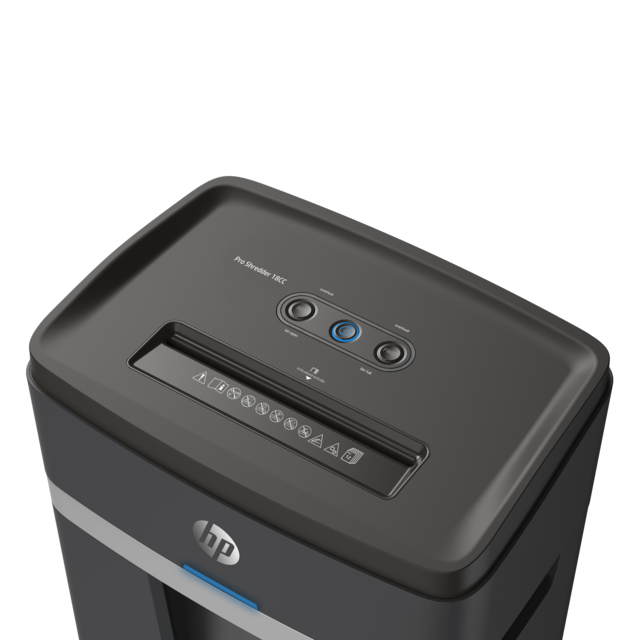 HP Pro Shredder 18CC Aktenvernichter mit Partikelschnitt P-4, 4 x 35 mm, bis 18 Blatt, schwarz