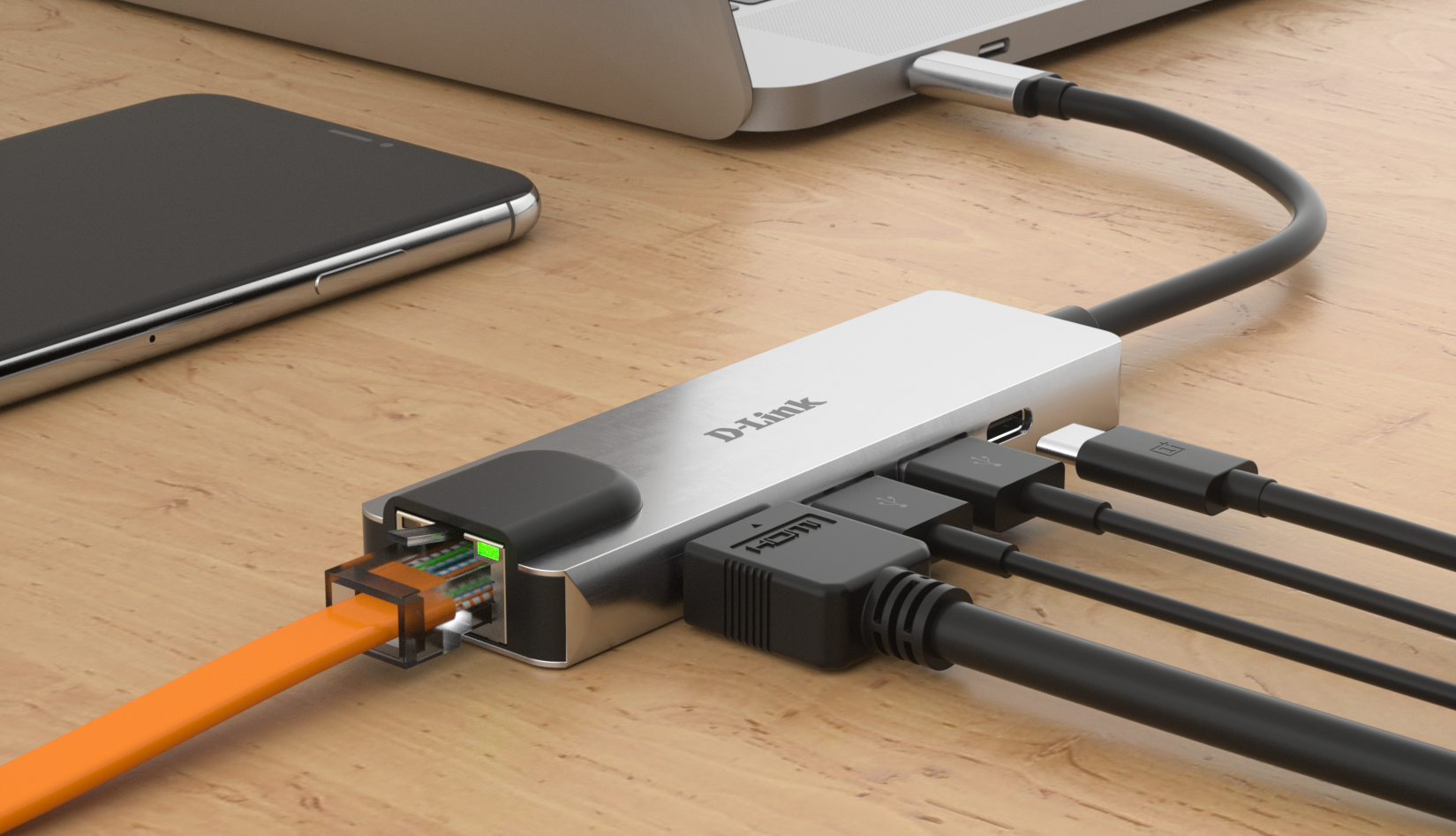 D-LINK DUB-M520 5-In-1 USB-C Hub 2x SuperSpeed USB 3.0 1x 4K HDMI 1x USB-C mit Ladefunktion bis 60W 1x RJ-45