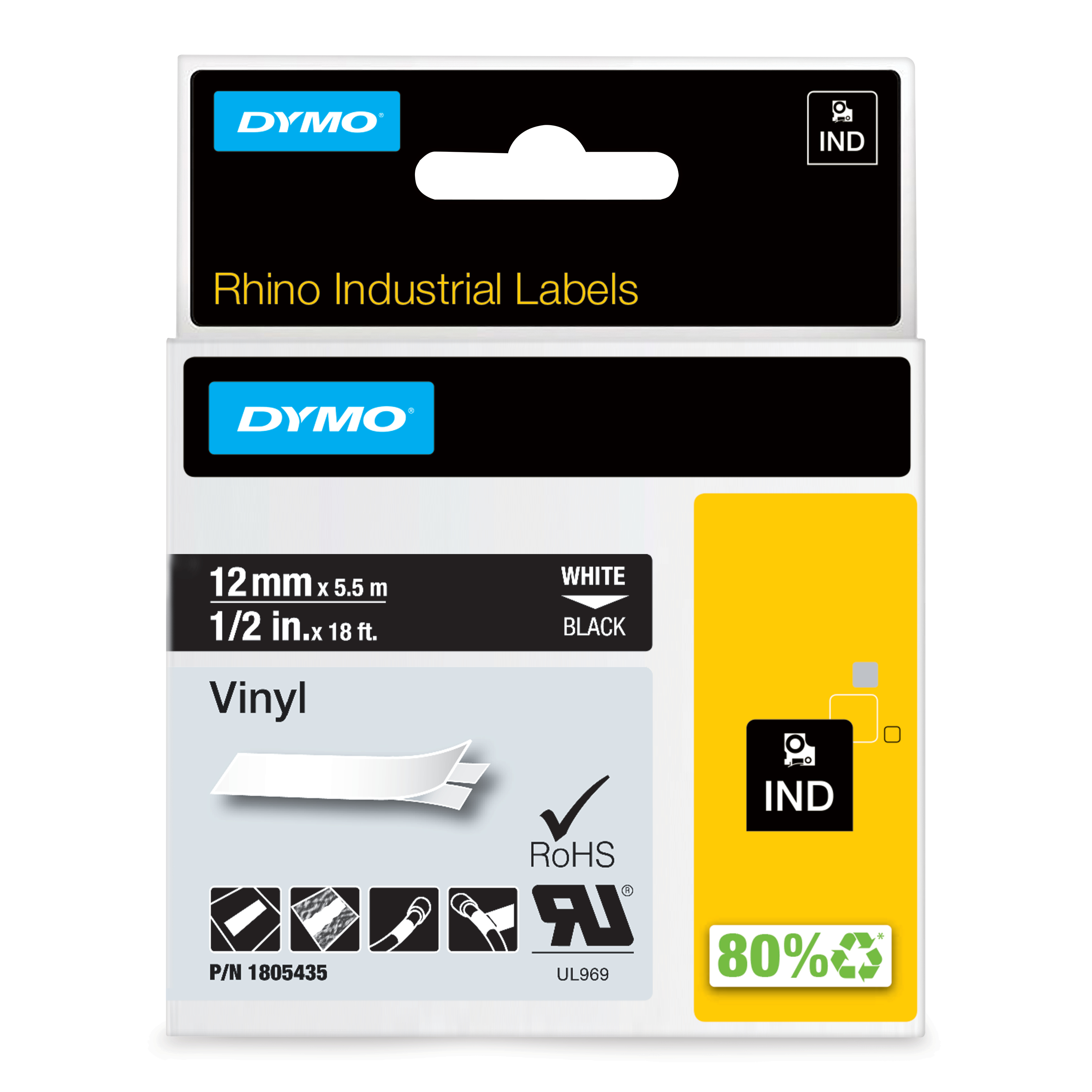 DYMO Rhino Band Vinyl 12mmx5.5m weiß ->schwarz