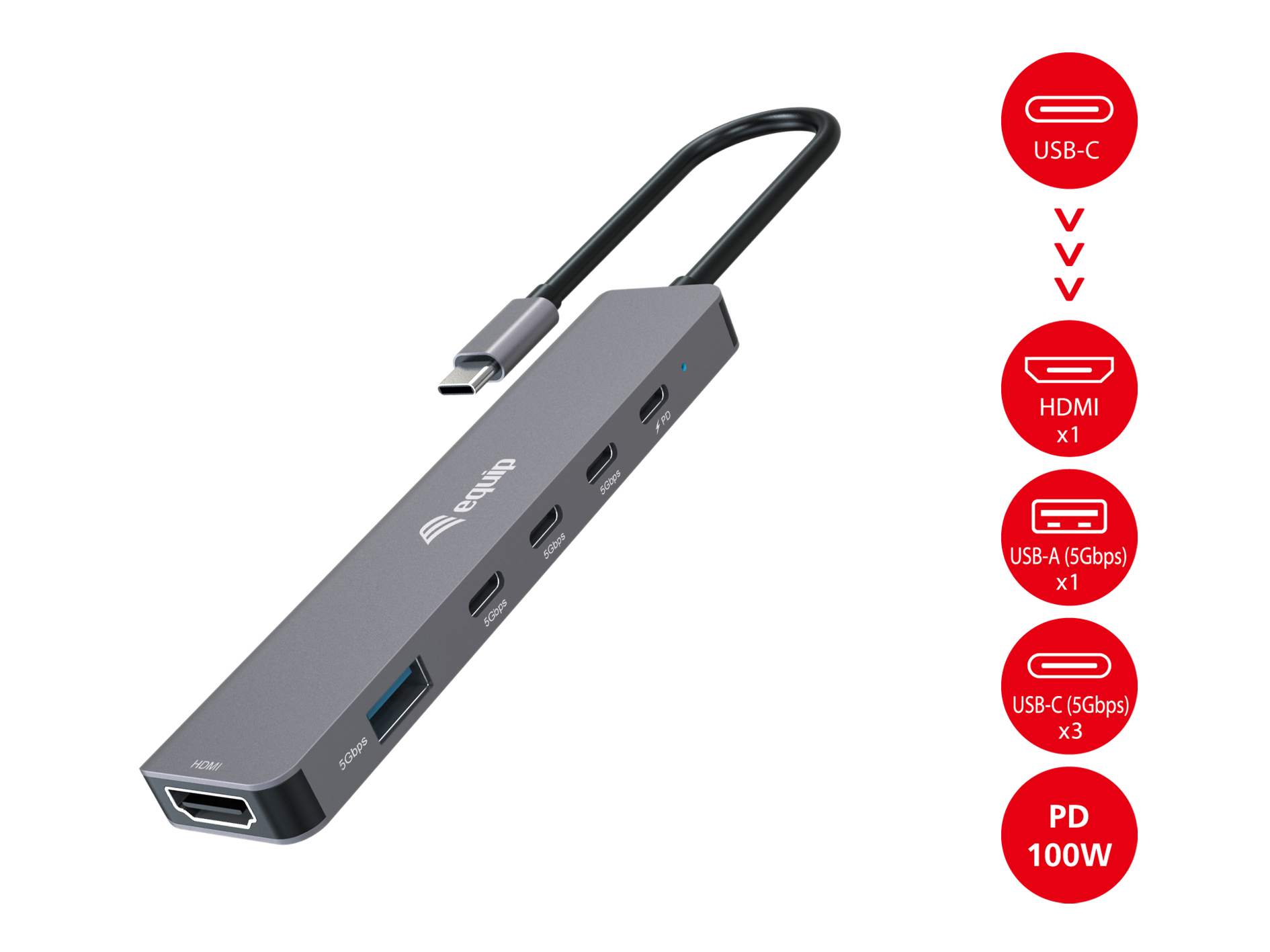 Equip Adapter USB-C->HDMI/3xUSB-C/USB-A 4K/ 60Hz 0.25m Alu.