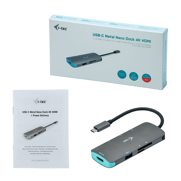 I-TEC USB C Metal Nano Docking Station 1xHDMI 4K 1xSD Kartenleser 1xmicroSD Kartenleser 3xUSB 3.0 Port 1xUSB-C PD kompatible mit TB3