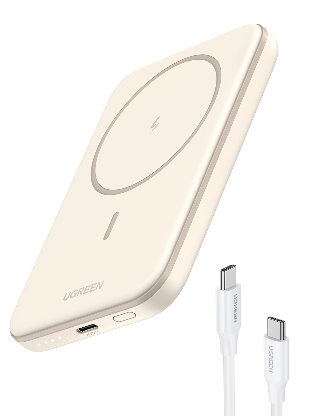 UGREEN PB560 Powerbank magnetisch 5.000mAh 15W USB-C 7.5W Qi LCD Anzeige USB-C Kabel beige
