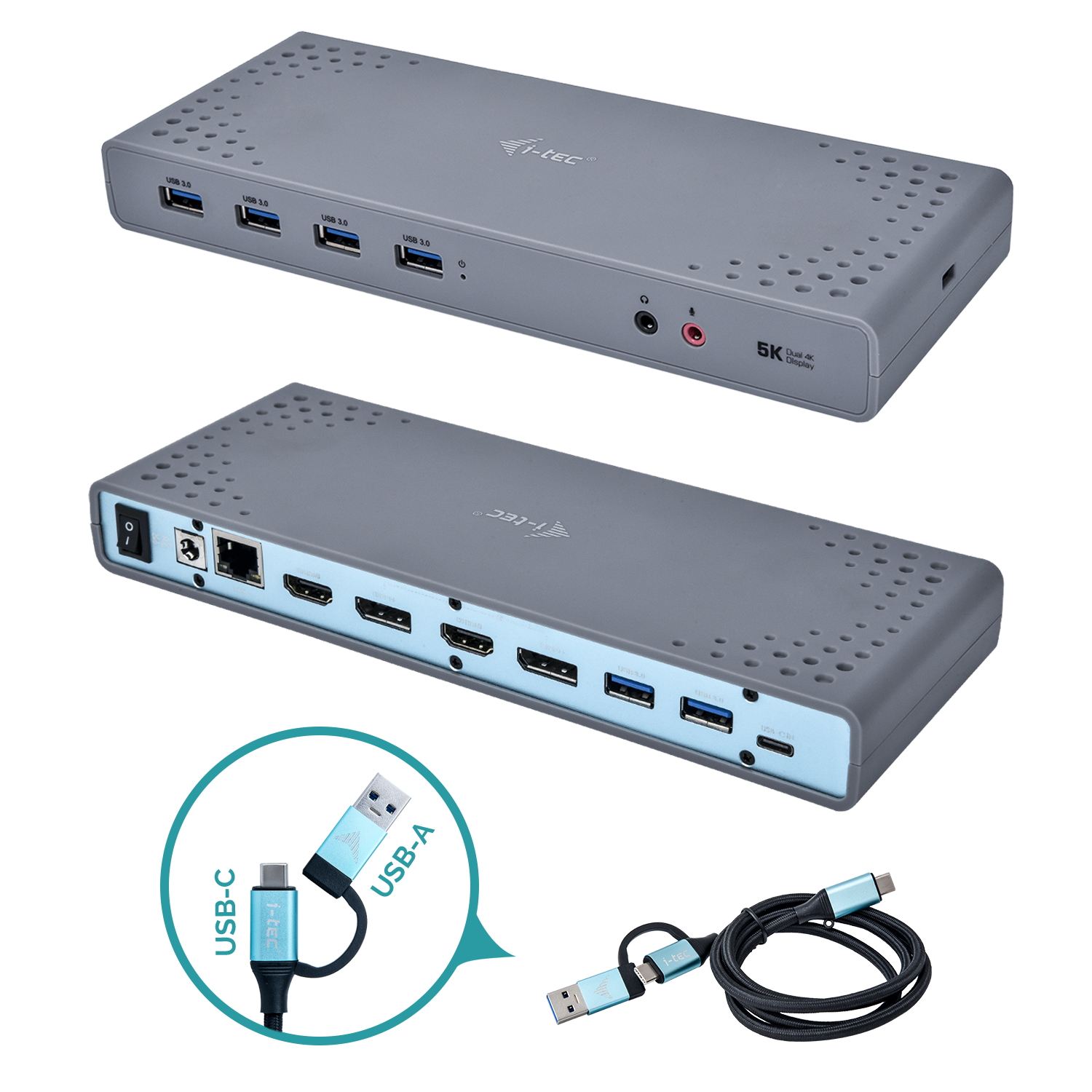 I-TEC USB 3.0/USB-C Dualdock 1x 5K 2x 4K 60Hz 2x HDMI 2x DP 1x GLAN 6x USB 3.0 1x Audio/Mic Jack Kensington kompatibel mit TB 3