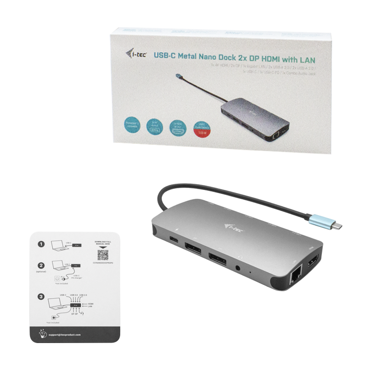 I-TEC USB-C Metal Nano Dock 2x DP 1x HDMI 1x GLAN 1x Audio/Mic 2 xUSB 3.1 2x USB 2.0 1x USB-C Data 1x USB-C 100W PD
