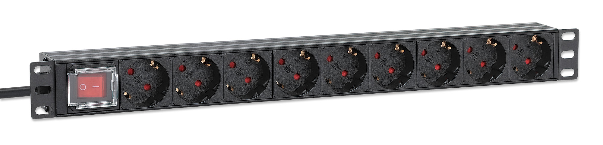 INTELLINET 48,26cm 19Zoll 9-fach Steckdosenleiste Schutzkontakt 1 HE 2m Stromkabel 16 A Netzschalter Aluminium schwarz