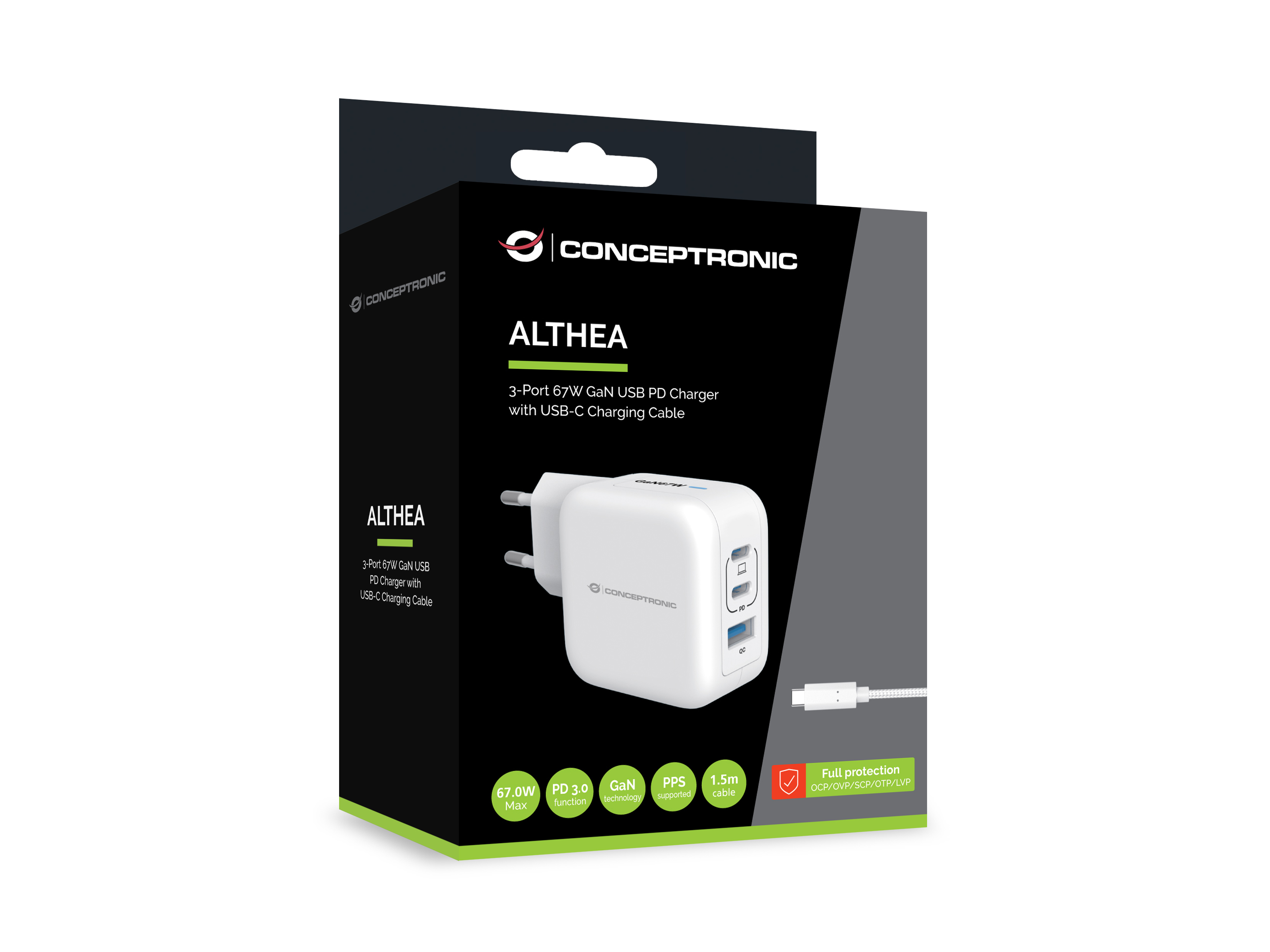 CONCEPTRONIC Ladegerät 3Port GaN 2xUSB-C/1xA 67WPD3.0/PPS ws