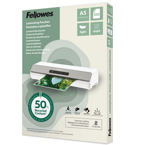Fellowes Laminierfolien mit 50% recyceltem Anteil matt für A5 75-80 micron, 100 St.