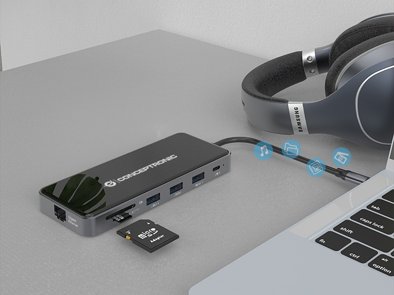 CONCEPTRONIC 12-1 Dock USB-C->2xHDMI/3xUSB-A/AUX/+ 25cm gr