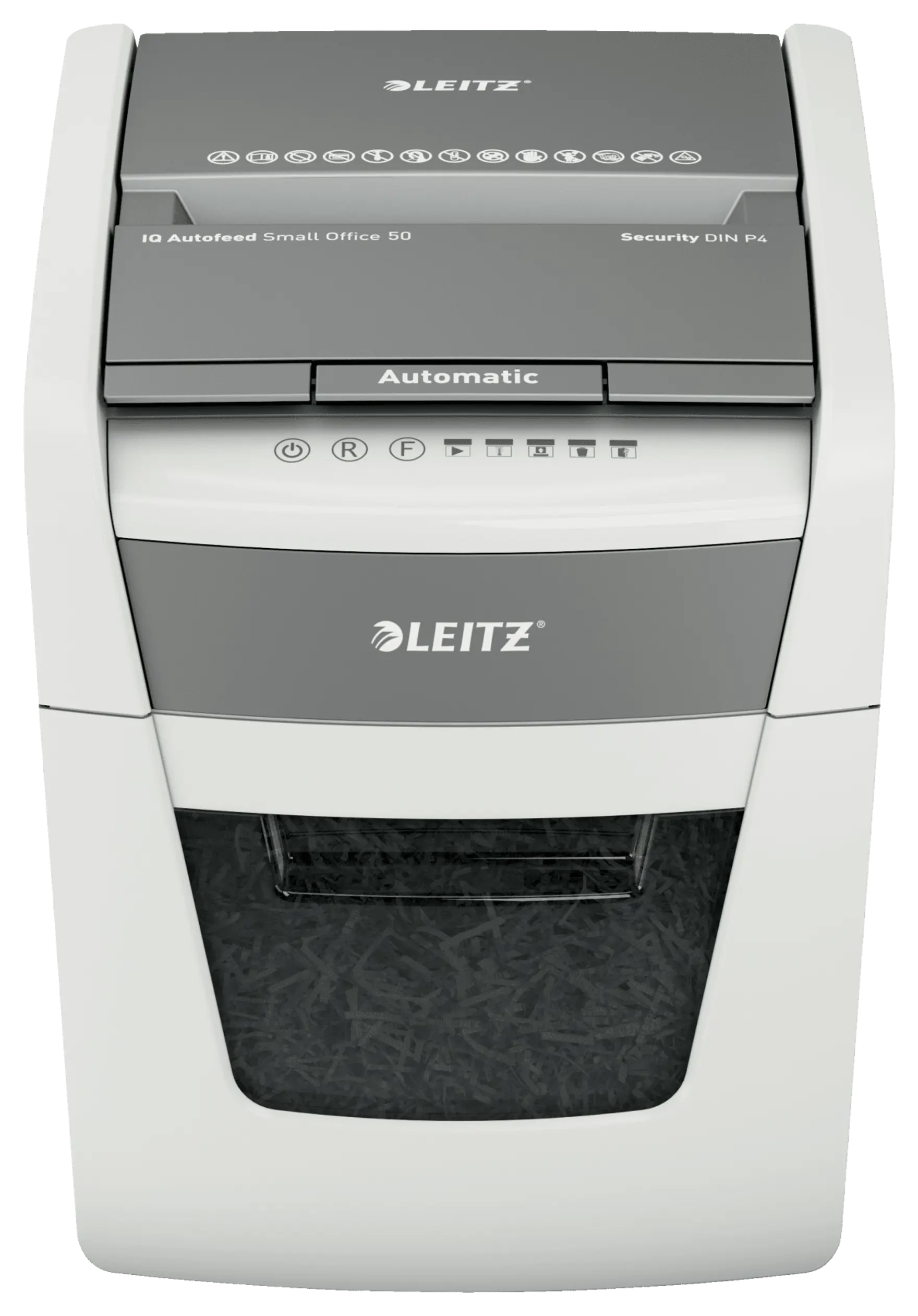 LEITZ IQ Autofeed Small Office 50 Aktenvernichter mit Partikelschnitt P-4, 4 x 28 mm, bis 50 Blatt, weiß