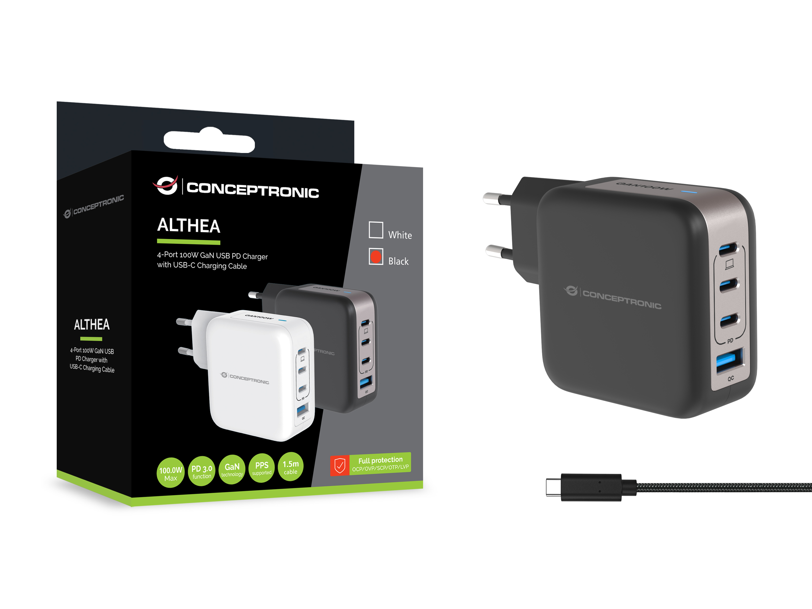 CONCEPTRONIC Ladegerät 4Port GaN 3xUSB-C/1xA100WPD3.0/PPS sw