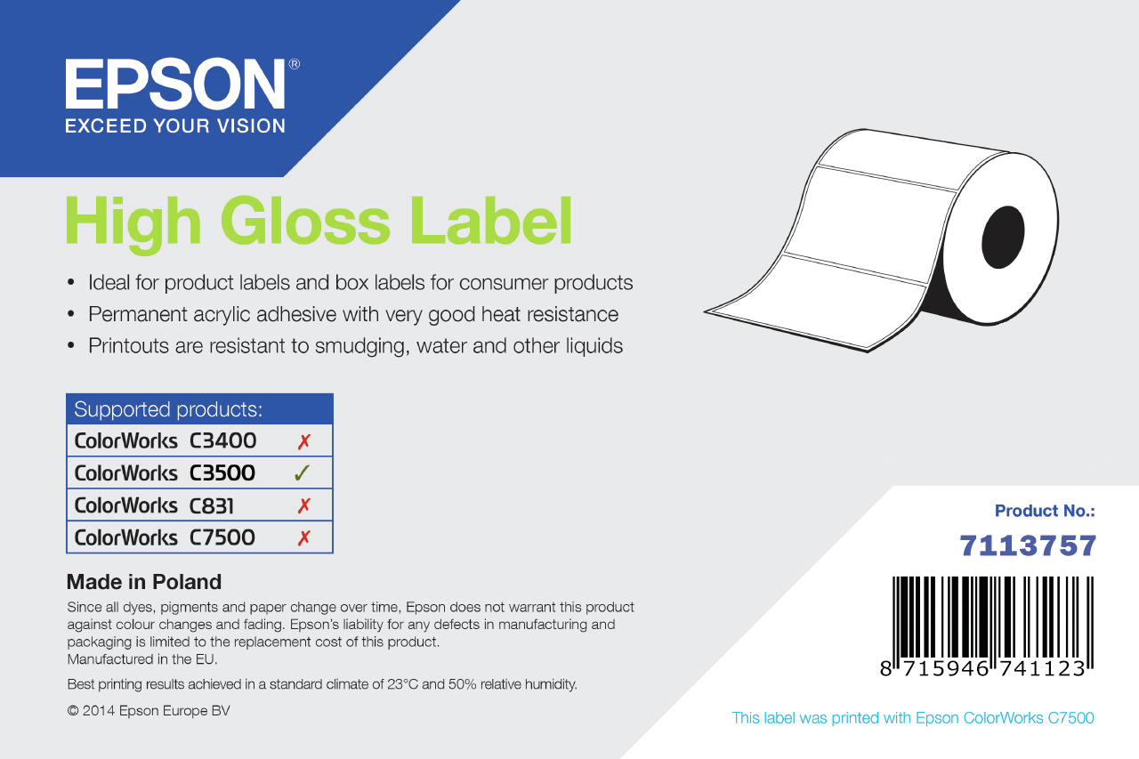 HIGH GLOSS LABEL DIE-CUT ROLL 76MM X 127MM 250 LABELS