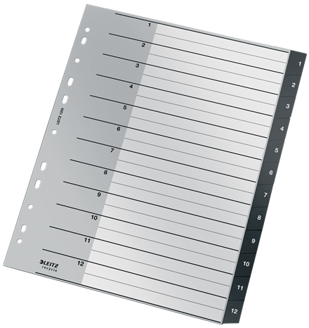 LEITZ Ordnerregister recycle 1209 DIN A4 Vollformat, Überbreite 1-12 schwarz 12-teilig, 1 Satz