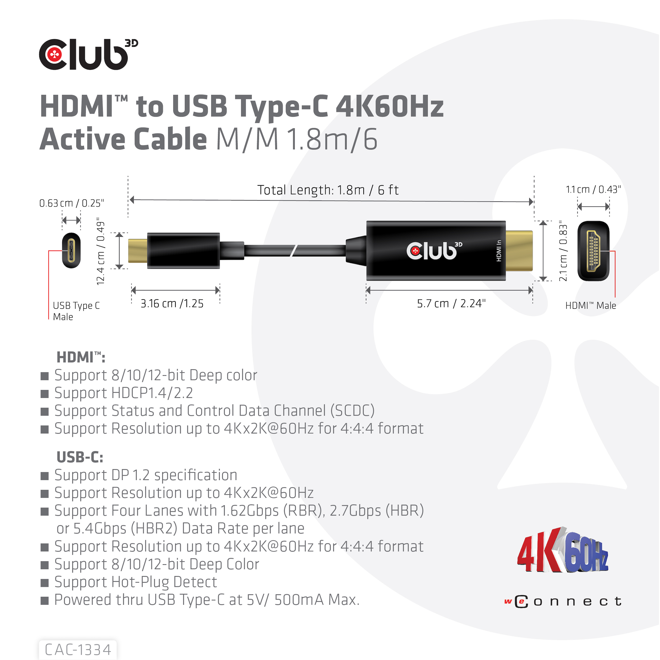 Club3D HDMI-Kabel A -> USB-C aktiv 4K60Hz 1,8m retail