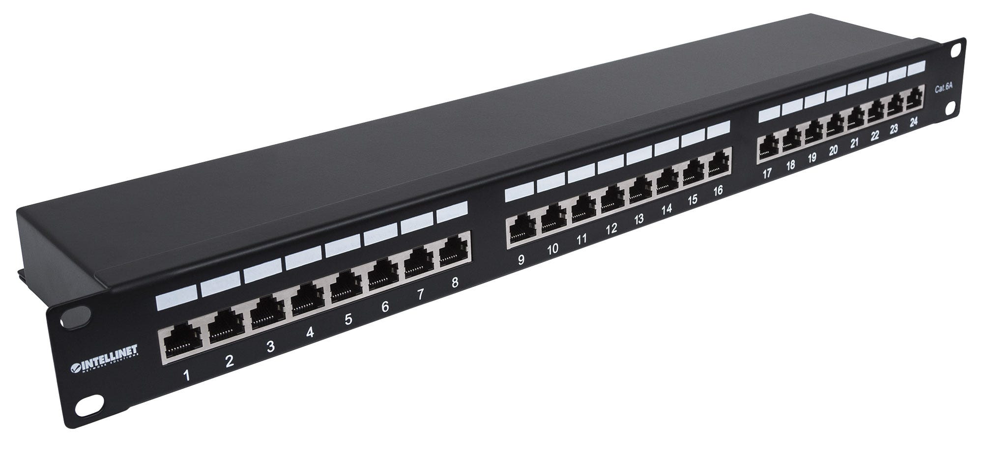 INTELLINET 24-Port Cat6a Patchpanel geschirmt 24 Ports FTP 1 HE Klemmleisten mit 90 Grad abgewinkelten Kabeleinfuehrungen schwarz