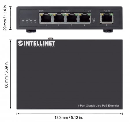 INTELLINET 4-Port Gigabit Ultra PoE-Extender Verlaengert PoE-Reichweite um 100m PoE-Strombudget 90W 4x PSE-Ports IEEE 802.3bt/at/af