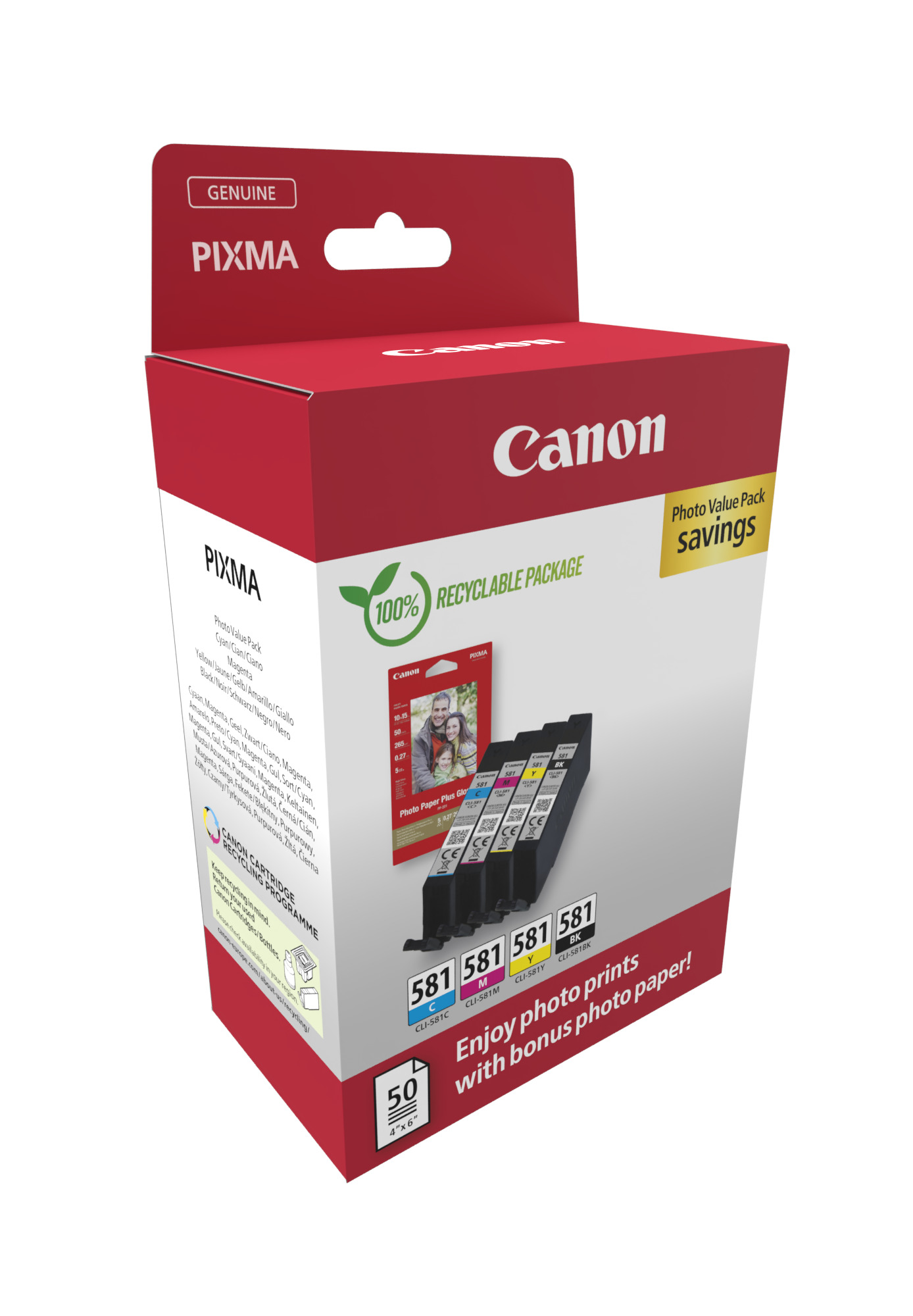 Canon CLI-581 BK/C/M/Y schwarz, cyan, magenta, gelb Druckerpatronen + Fotopapier, 4er-Set