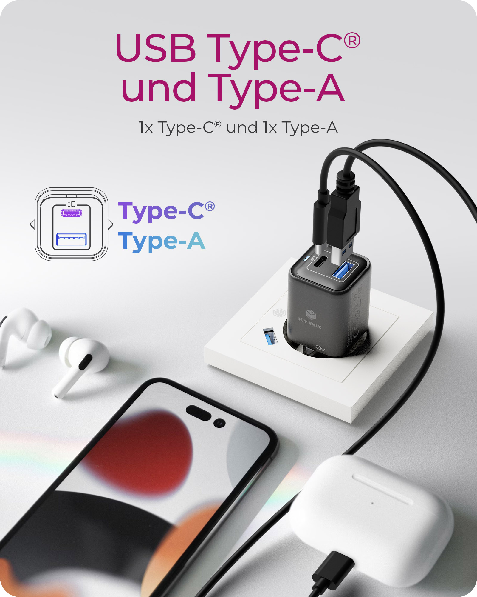 2-Port USB 20W Steckerladegerät IB-PS1020-PD, USB-A + USB-C