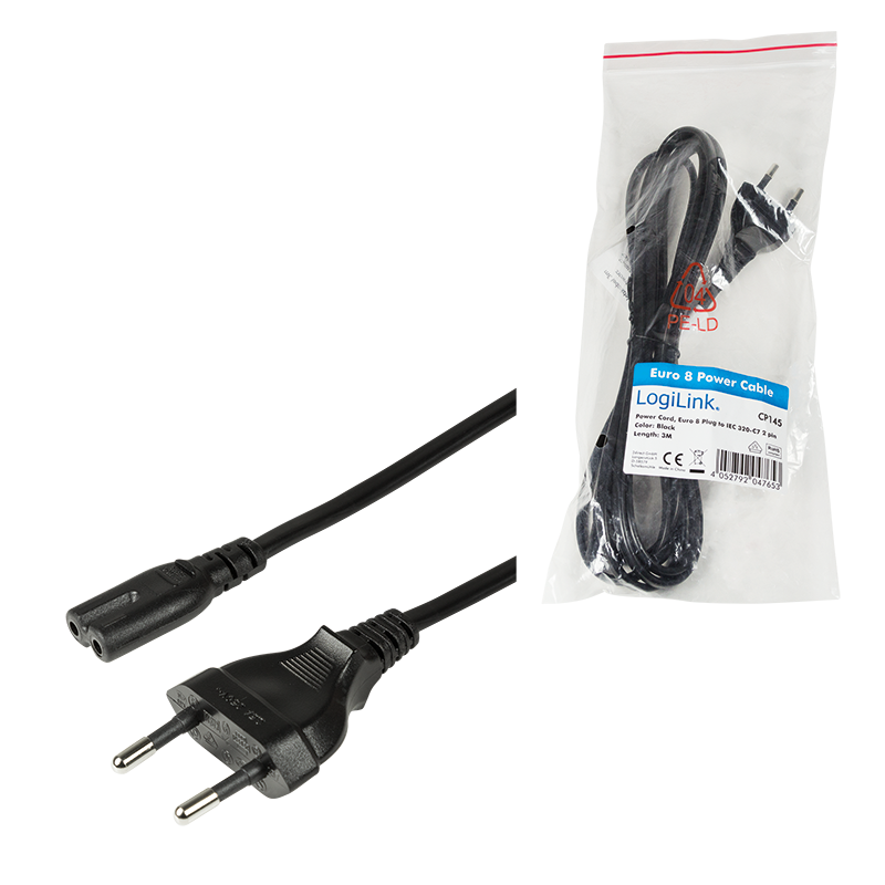 Kabel LogiLink Netzkabel CEE7/16 - IEC C7 schwarz 3m CP145