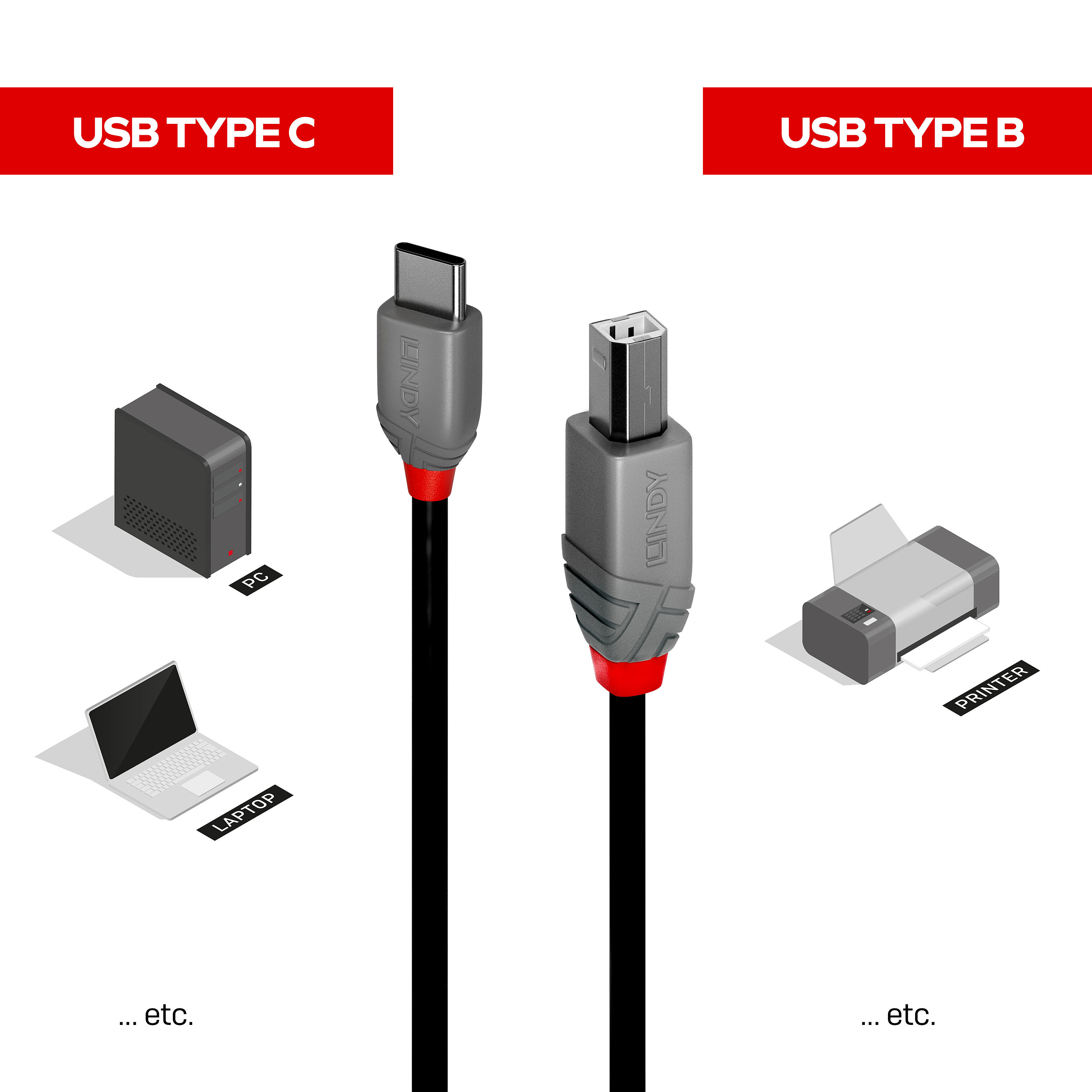 LINDY 1m USB 2.0 Typ C an B Kabel, Anthra Line