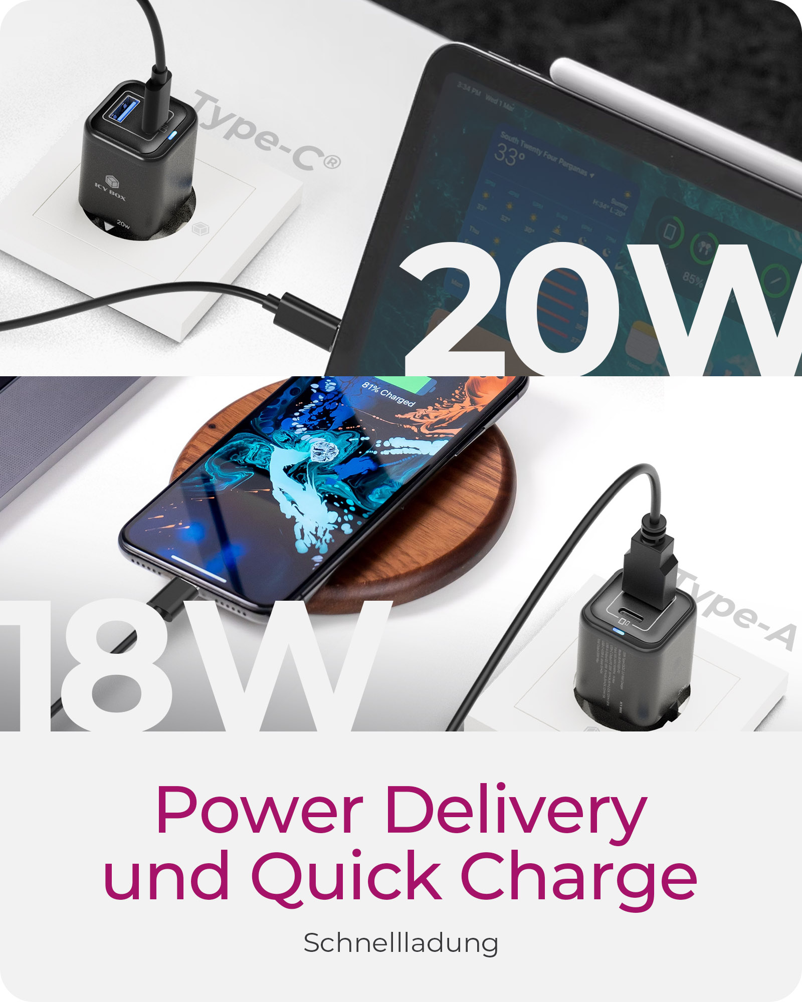 2-Port USB 20W Steckerladegerät IB-PS1020-PD, USB-A + USB-C