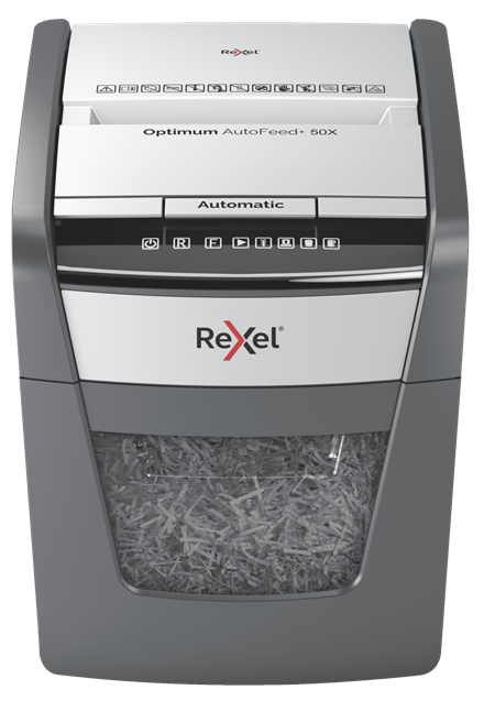 Rexel Optimum AutoFeed+ 50X Aktenvernichter mit Partikelschnitt P-4, 4 x 28 mm, bis 50 Blatt, schwarz