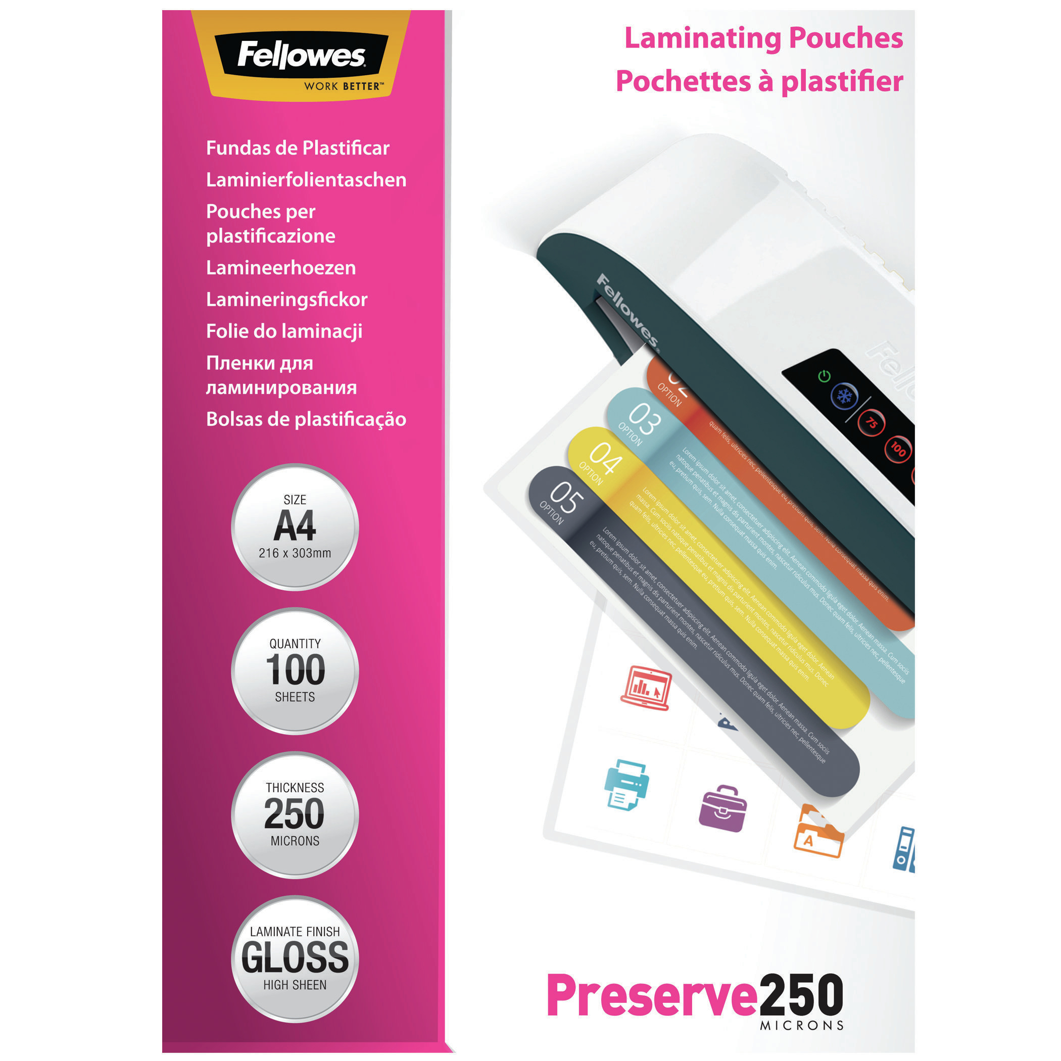 Fellowes Laminierfolien Preserve250 glänzend für A4 250 micron, 100 St.